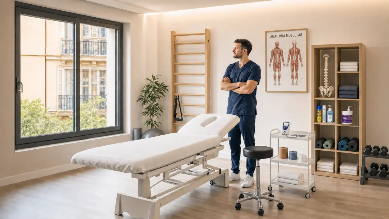 Kinésithérapeute dans la salle de soins de son nouveau cabinet de kinésithérapie, avec table de massage électrique, espalier et étagère de fournitures professionnelles : spray de froid, gel antiseptique et crème de massage.