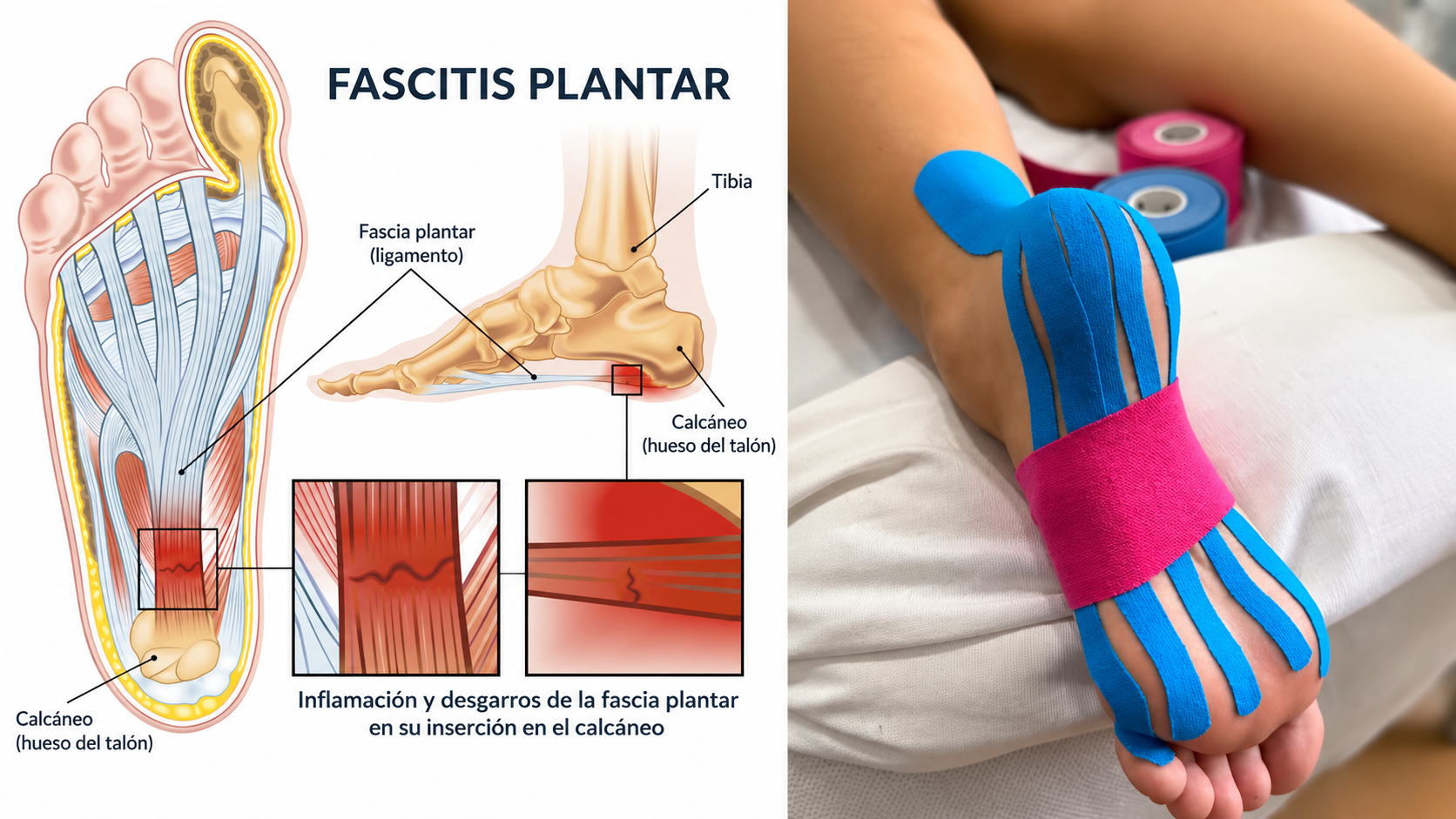 Ilustración de la fascitis plantar junto a un pie con vendaje neuromuscular azul y rosa aplicado sobre la planta y el empeine.