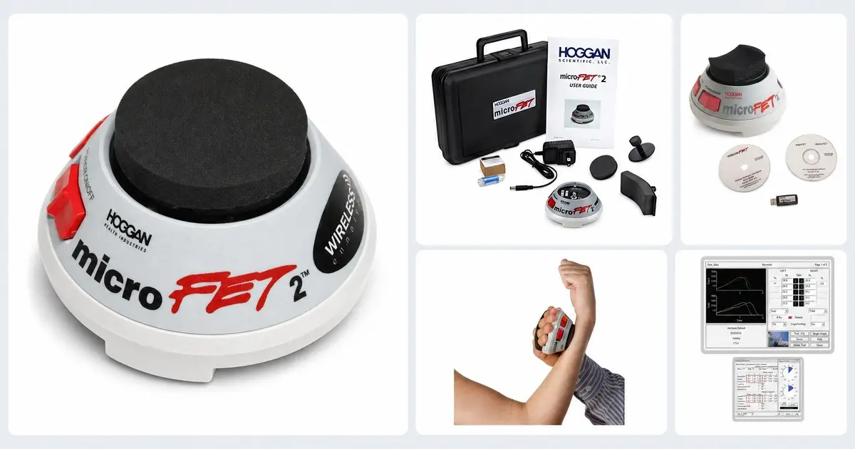 Dynamomètre musculaire microFET 2 de Hoggan : l’appareil, le kit avec mallette et accessoires, le logiciel clinique et une mesure de force sur l’avant-bras.