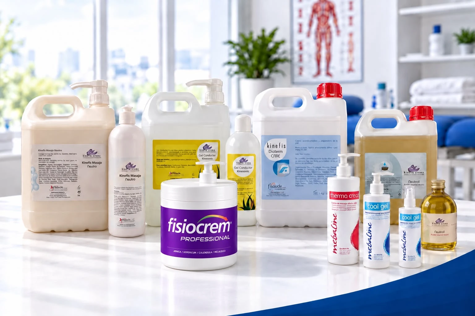 Conductive gel, massage creams and oil for physiotherapy in bulk and clinic-size containers from Kinefis, Fisiocrem and other brands.