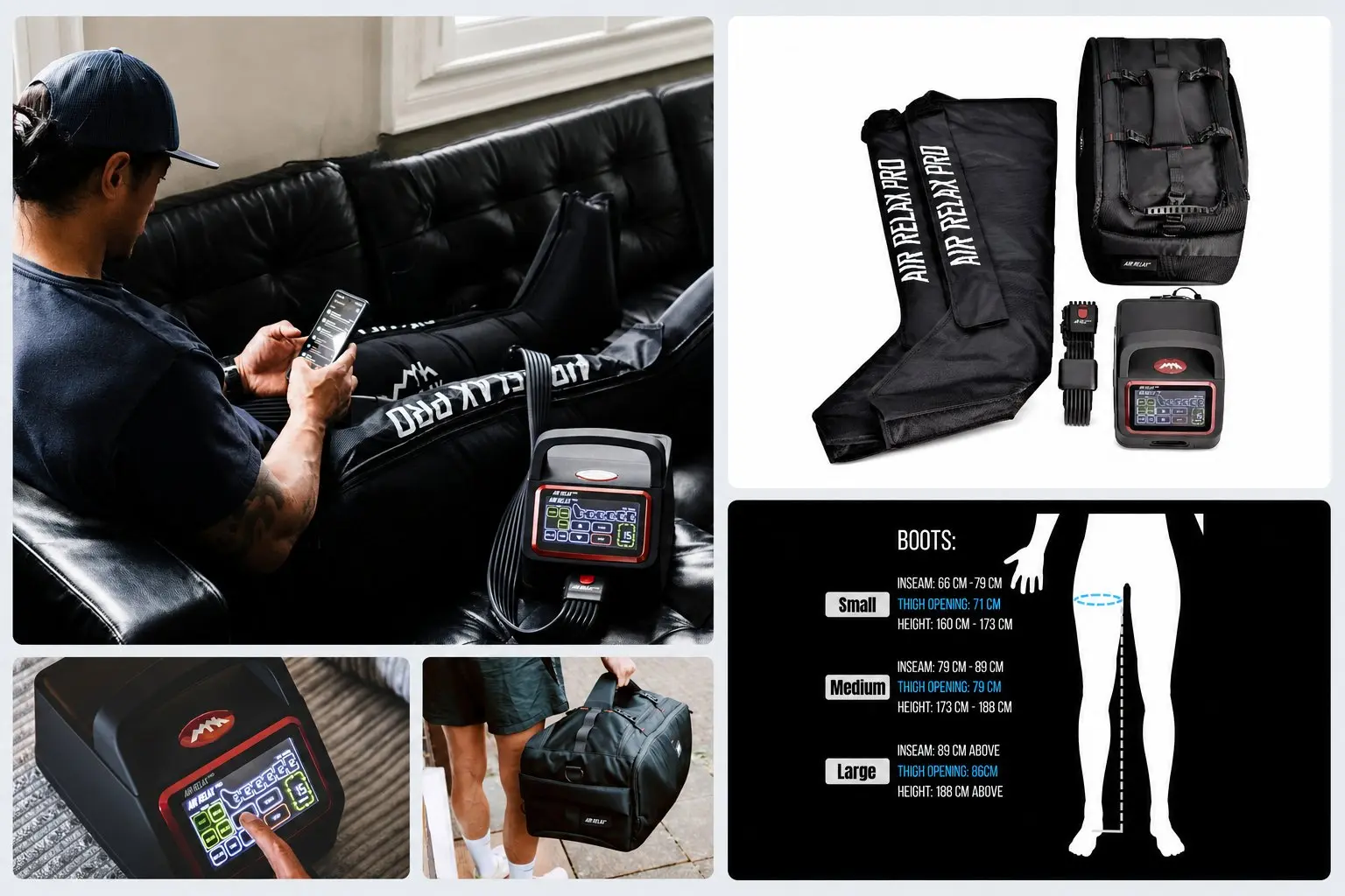 Pressothérapie Air Relax PRO 4.0 : un utilisateur avec les bottes sur le canapé, le kit complet, le guide des tailles, l’écran tactile et le sac de transport.